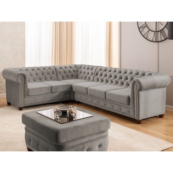 Divano angolare grigio allungabile (con penisola a sinistra/a L) con rivestimento in velluto York Blik – Ropez-image-1