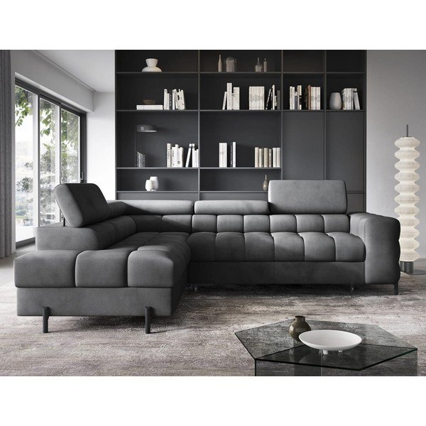 Divano angolare grigio scuro allungabile/con contenitore (con penisola a sinistra/a L) e rivestimento in velluto Ferucce – ELTAP-image-1