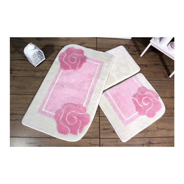 Set di tre tappeti da bagno con motivo floreale in rosa e bianco Knit Knot - Foutastic
