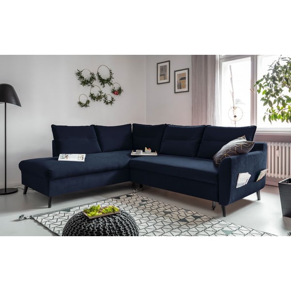 Divano letto angolare in velluto blu scuro L, angolo sinistro Stylish Stan - Miuform-image-4