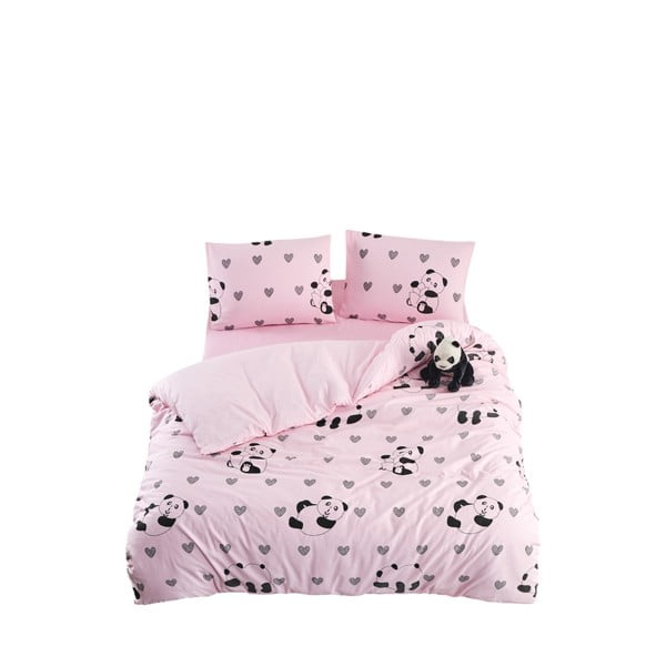 Set copripiumino e federa rosa per letto singolo o esteso con lenzuolo incluso/3 pezzi 160x220 cm Panda – Mila Home