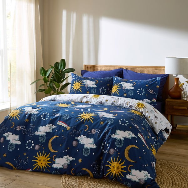Set copripiumino e federa bianco e blu in cotone per letto matrimoniale 200x200 cm Disco Space – Their Nibs-image-1