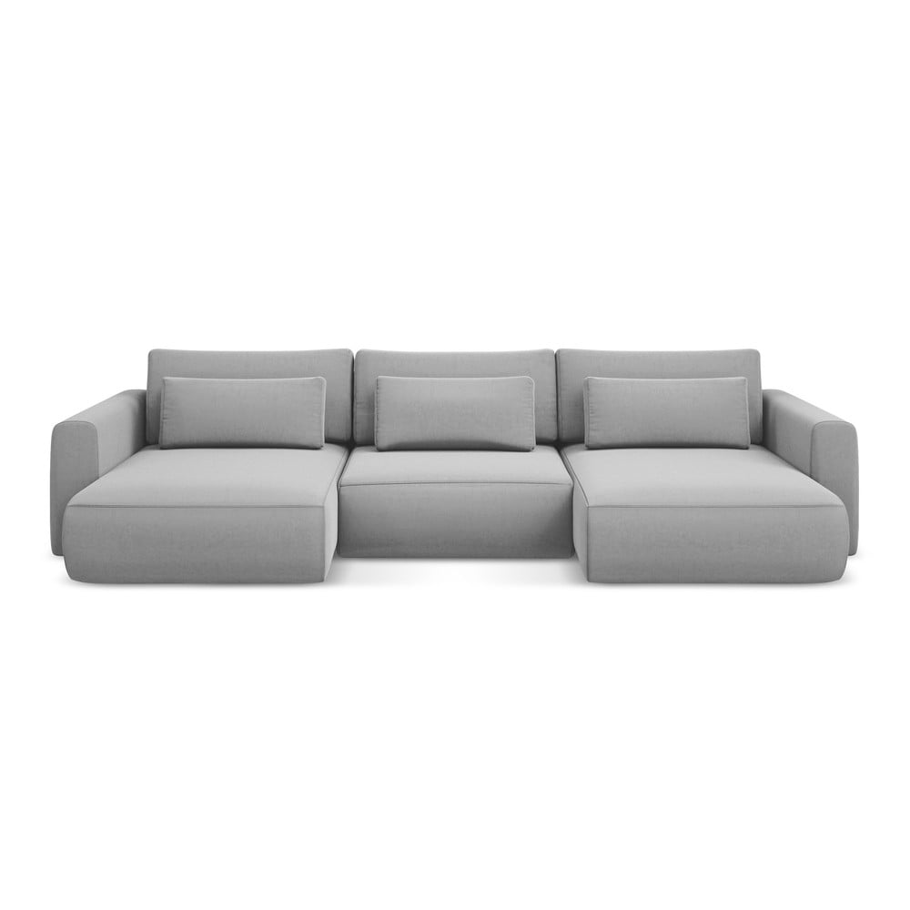 Divano angolare grigio chiaro allungabile/con contenitore (a U) con rivestimento in velluto Kapua – Makamii | Divani ad angolo