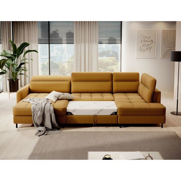 Divano angolare giallo allungabile/con contenitore (con penisola a destra/a U) e rivestimento in velluto Berrto – ELTAP-image-4