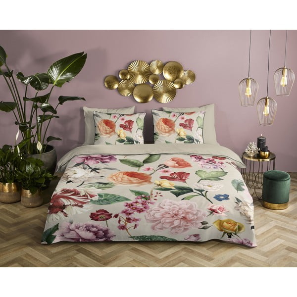 Set copripiumino e federa beige in raso di cotone per letto singolo ed esteso 140x220 cm Fiori – Descanso-image-1