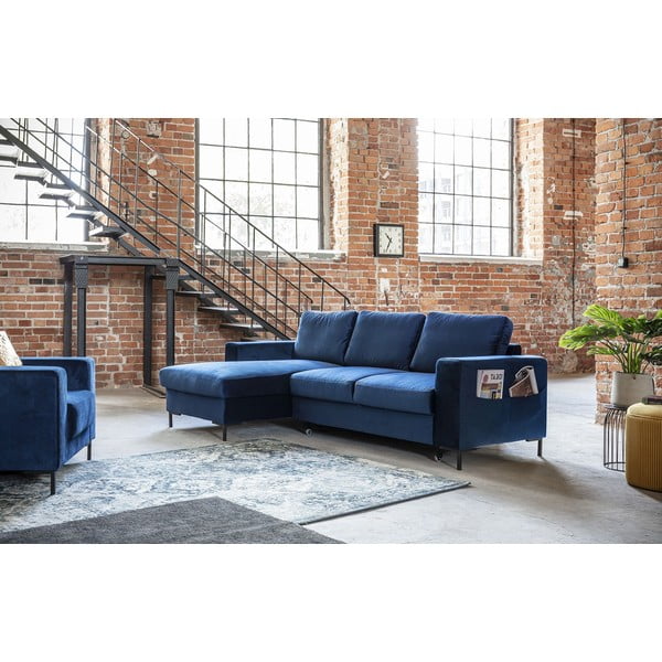 Divano letto angolare in velluto blu navy, angolo sinistro Lofty Lilly - Miuform-image-3