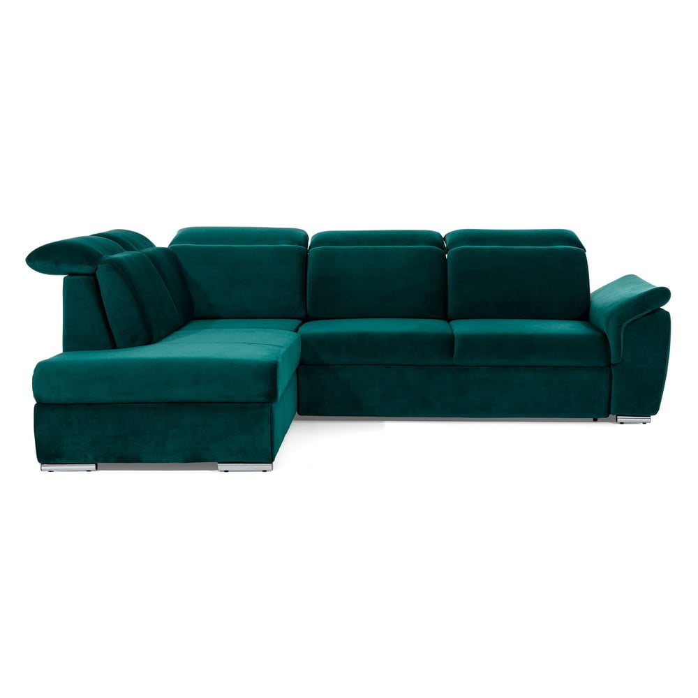 Divano angolare verde allungabile/con contenitore (con penisola a sinistra/a L) e rivestimento in velluto Loreto – ELTAP | Divani ad angolo