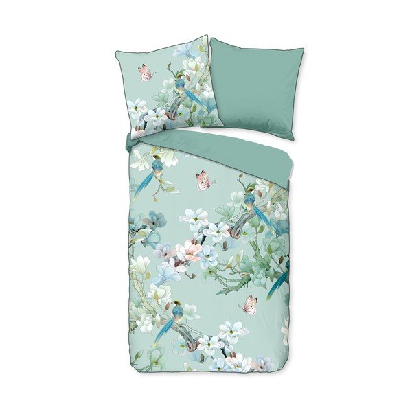 Biancheria da letto matrimoniale in cotone biologico verde Flowery, 200 x 220 cm Organic - Descanso