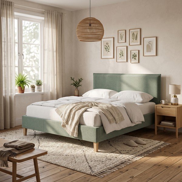 Letto matrimoniale imbottito verde con griglia 180x200 cm Tina - Ropez-image-1