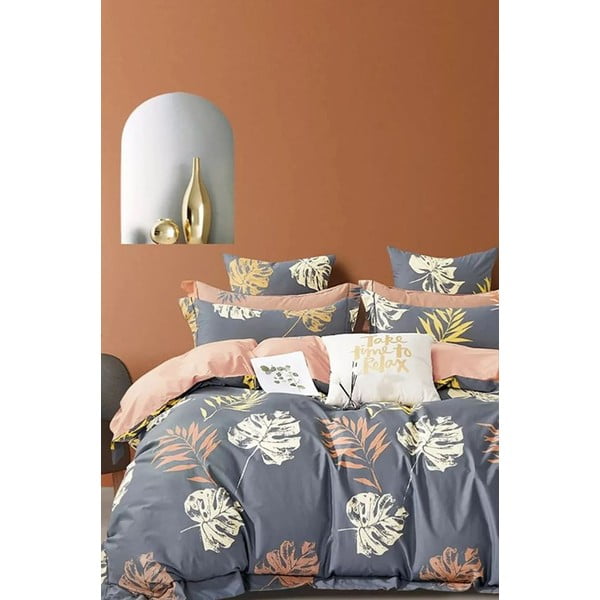 Biancheria da letto matrimoniale grigia estesa a quattro pezzi con lenzuolo 200x220 cm Leaf - Mila Home