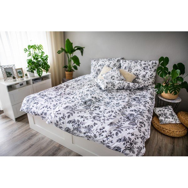 Biancheria da letto in cotone sateen bianco e nero Fiore, 140 x 200 cm Ema - Cotton House-image-1