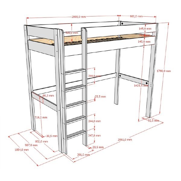 Letto da bambini rialzato bianco con rete inclusa 90x200 cm Primo – Vipack-image-2