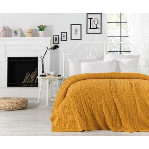 Copriletto giallo senape con maglia in misto cotone, 220 x 240 cm - Homemania Decor