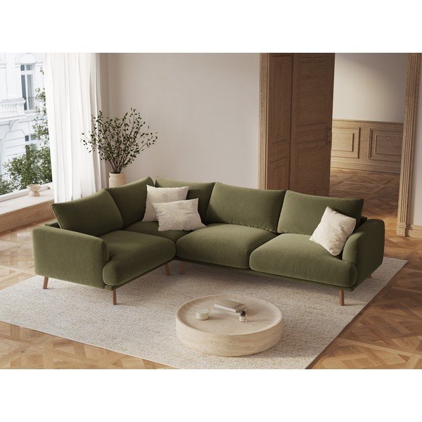 Divano angolare verde (con penisola a sinistra/a L) con rivestimento in velluto Naomi – Micadoni -image-1