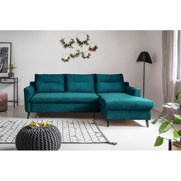 Divano letto angolare in velluto turchese, angolo destro Stylish Stan - Miuform-image-1