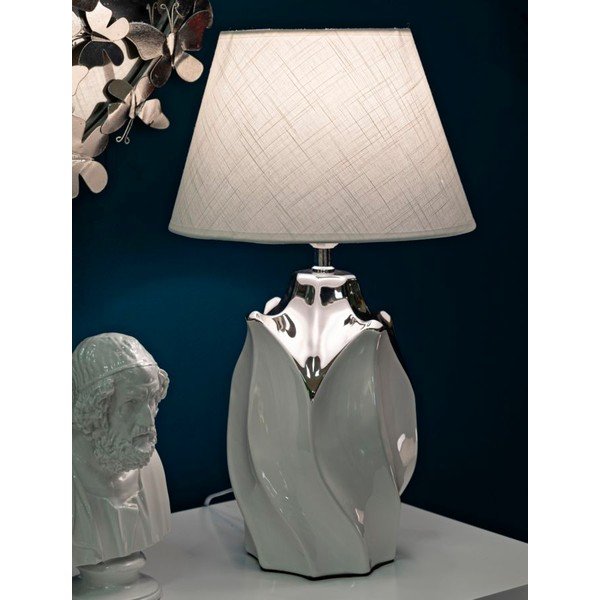 Lampada da tavolo bianca/argentata in ceramica con paralume in tessuto (altezza totale 51 cm) Shiney – Mauro Ferretti-image-1