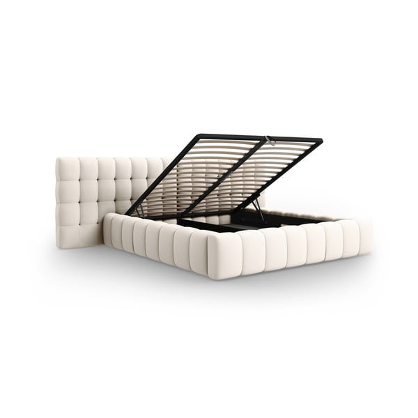 Letto matrimoniale imbottito color crema con spazio contenitivo e rete 200x200 cm Mamaia - Micadoni Home-image-3