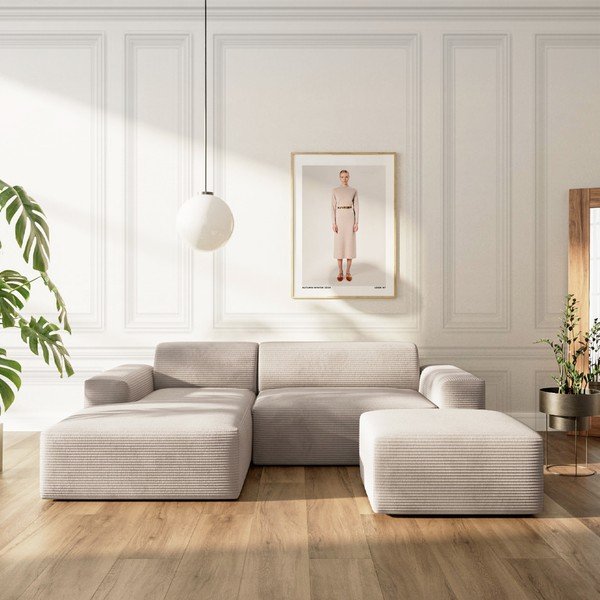 Divano angolare beige allungabile e con contenitore (con penisola a sinistra e chaise lounge) rivestito in velluto a coste Villet – Rodier-image-1