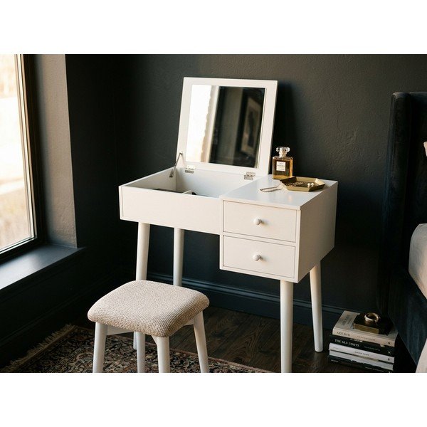 Tavolino da toilette bianco con specchio, portagioie e 2 cassetti Beauty - Bonami Essentials-image-1