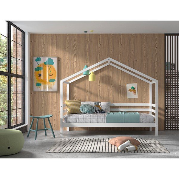 Letto da bambini a forma di casa bianco in pino massiccio con rete inclusa 90x200 cm Dallas – Vipack-image-1