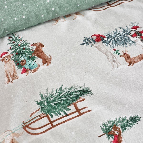 Set copripiumino e federa verde/di colore naturale in flanella per letto matrimoniale 200x200 cm Brushed Christmas Dogs – Catherine Lansfield-image-4