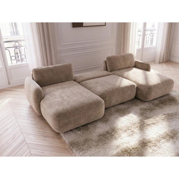 Divano angolare beige allungabile/con contenitore (a U) con rivestimento in velluto Celeste – Bobochic Paris-image-3