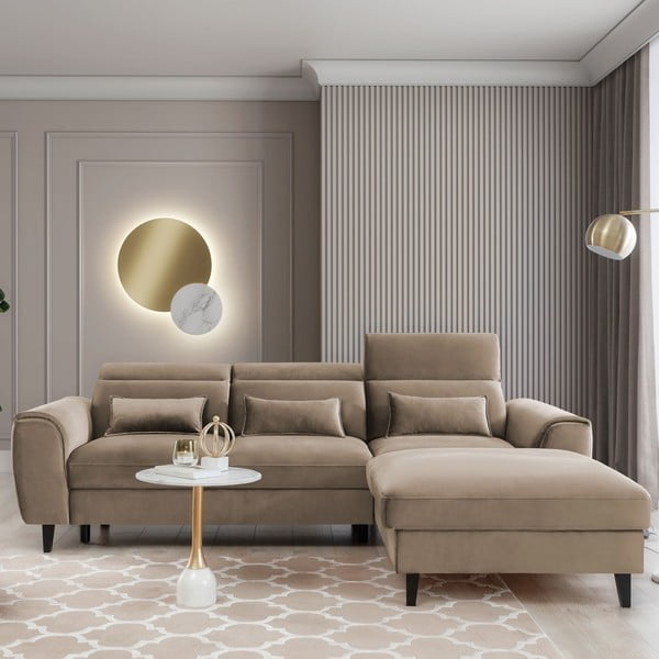 Divano angolare marrone chiaro allungabile/con contenitore (con penisola a destra/con chaise lounge) e rivestimento in velluto Foble – ELTAP-image-1