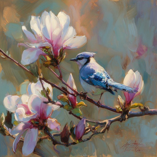 Dipinto stampato dipinto su tela 32x32 cm Bluejay & Blossom – Styler