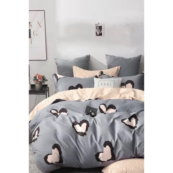 Biancheria da letto grigia/beige in cotone renforcé per letto matrimoniale/per letto esteso con lenzuolo incluso/4 pezzi 200x220 cm Double Heart – Mila Home