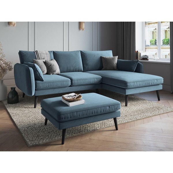 Divano angolare in velluto azzurro con gambe nere, angolo destro Lento - Kooko Home-image-1