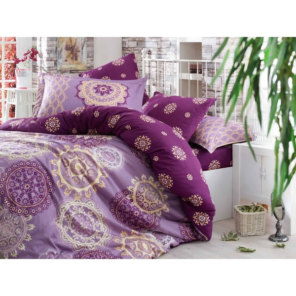 Biancheria da letto in cotone con lenzuolo e 2 federe Ottomana viola, 200 x 220 cm - Mijolnir