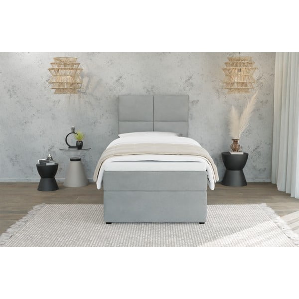 Letto singolo imbottito con contenitore grigio chiaro con materasso e topper inclusi 100x200 cm Lena – Ropez-image-3
