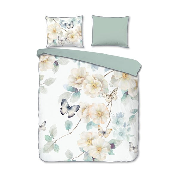 Set copripiumino e federa bianco/verde in raso di cotone per letto matrimoniale ed esteso 200x220 cm Adiwanya – Descanso