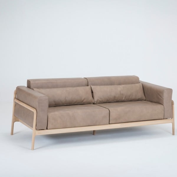 Divano in pelle di bufalo marrone chiaro con struttura in rovere massiccio , 210 cm Fawn - Gazzda-image-1