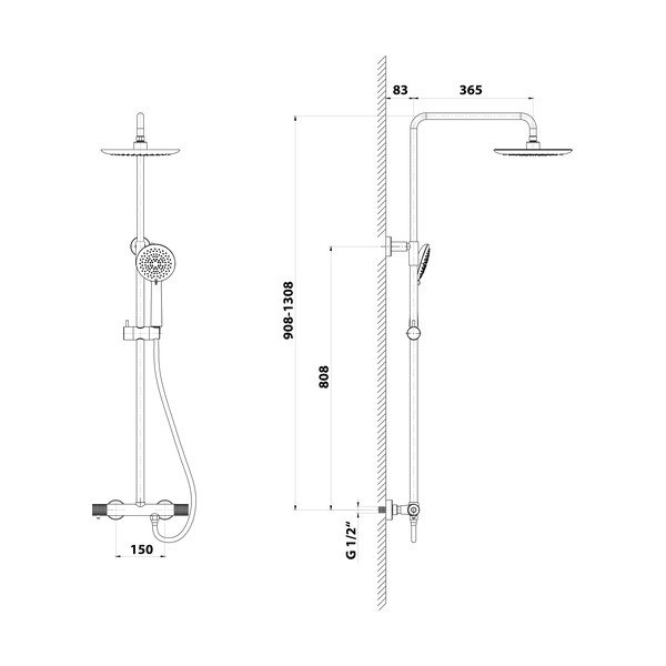 Set per doccia in ottone in nero opaco con rubinetto termostatico, soffione doccia e doccetta 131 cm Solaris – Sapho-image-1