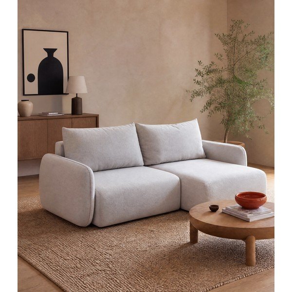 Divano angolare grigio chiaro allungabile/con contenitore (con penisola a destra/con chaise lounge) con rivestimento in velluto Kalena – Makamii-image-1
