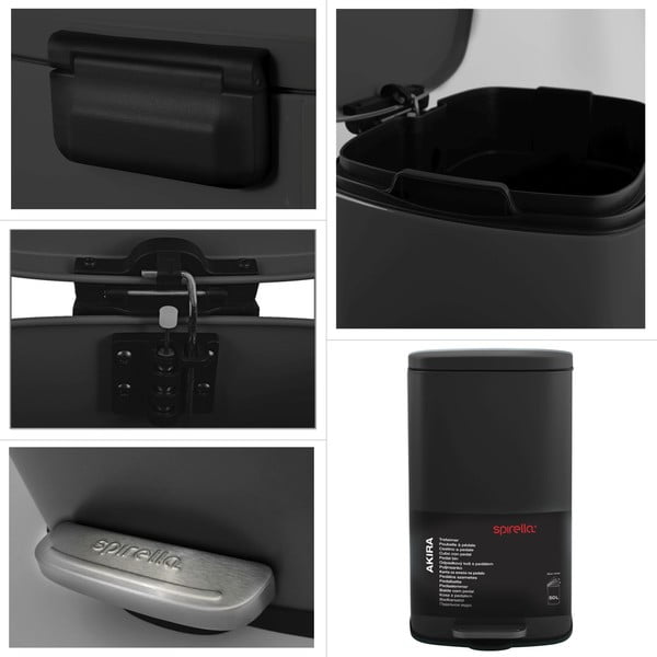 Cestino per la spazzatura nero opaco in acciaio con pedale 50 l   Akira – Spirella-image-3