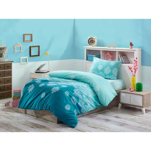 Biancheria da letto singola estesa turchese con lenzuolo e copriletto 160x220 cm - Mijolnir