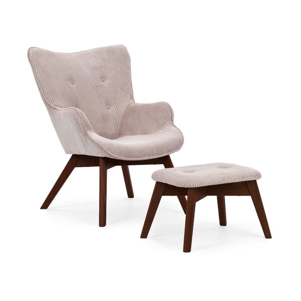 Poltrona con poggiapiedi rosa chiaro con rivestimento in velluto a coste Niko – Ropez