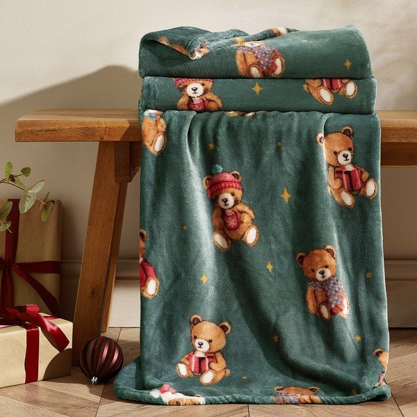 Coperta verde scuro a tema natalizio 170x130 cm Christmas Tartan Teddy Bear – Catherine Lansfield-image-1
