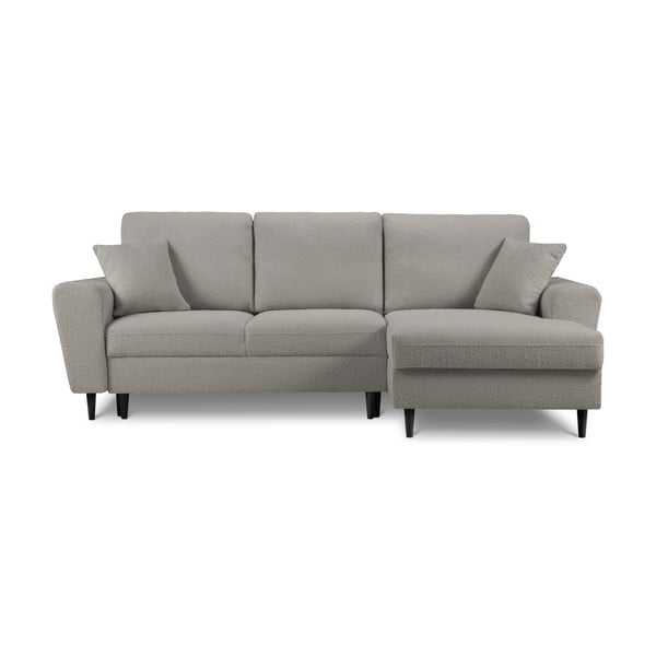 Divano angolare grigio chiaro allungabile e con contenitore (con penisola a destra/con chaise lounge) con rivestimento in bouclé Kyoto – Cosmopolitan Design