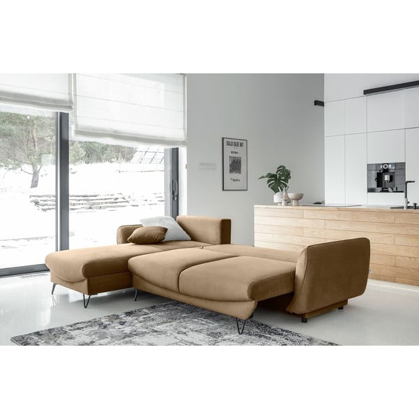 Divano angolare marrone chiaro allungabile/con contenitore (con penisola a sinistra/con chaise lounge) e rivestimento in velluto Silva – ELTAP-image-2