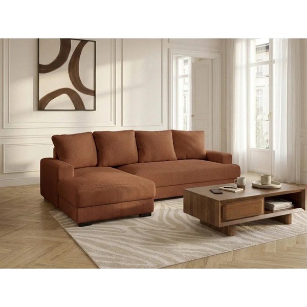 Divano angolare arancione allungabile/con contenitore (con penisola a sinistra/con chaise lounge) con rivestimento in velluto a coste Campi – Bobochic Paris-image-3
