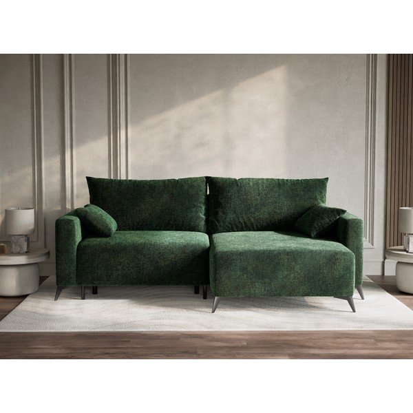 Divano angolare verde scuro allungabile/con contenitore (con penisola a destra/con chaise lounge) con rivestimento in ciniglia Leon – Maison de Rêve-image-1