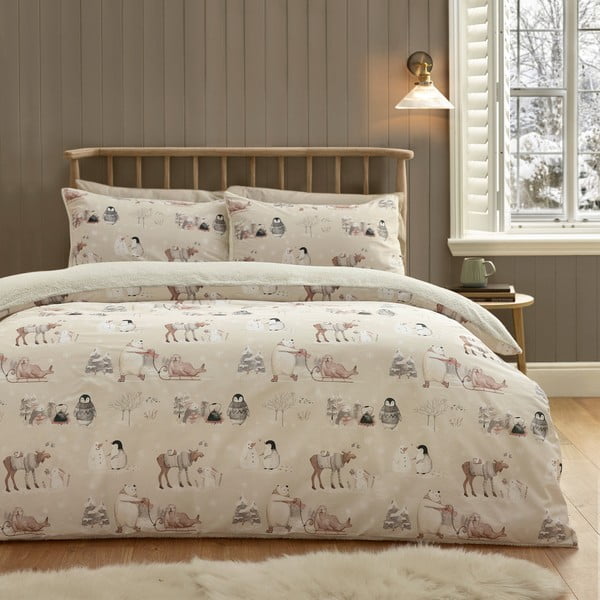 Set copripiumino e federa beige in micropile per letto singolo 135x200 cm Winter Friends – Catherine Lansfield-image-1