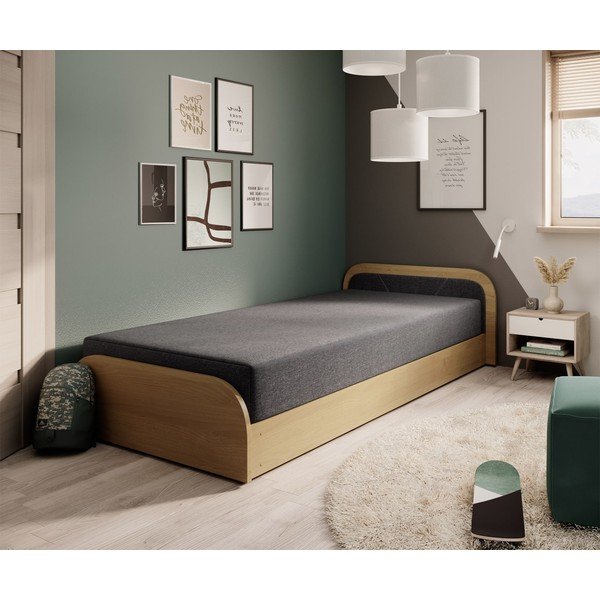 Letto singolo imbottito/in truciolato giallo ocra/grigio scuro con contenitore e materasso inclusi 80x190 cm Parys – ELTAP-image-1