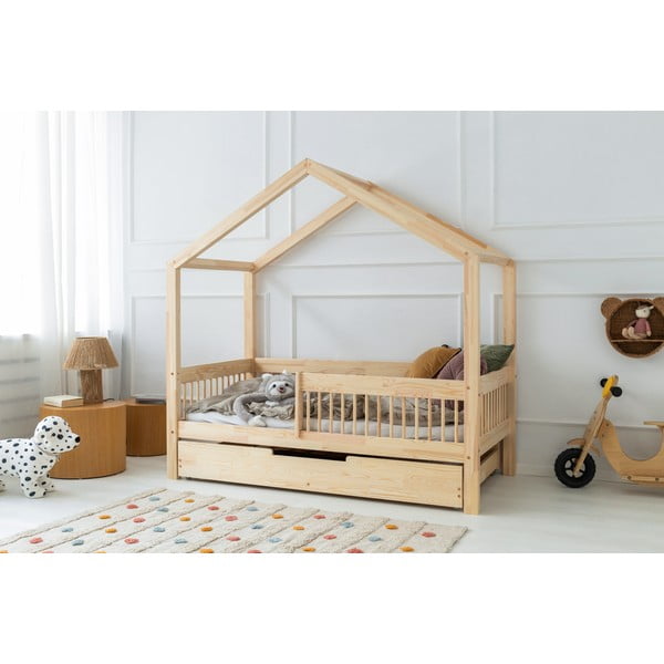 Letto da bambini a forma di casa/estraibile di colore naturale in pino massiccio con contenitore con rete inclusa 140x200 cm RMW – Adeko-image-1