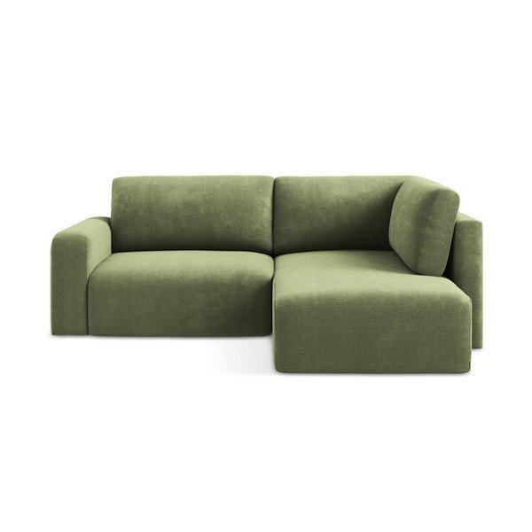 Divano angolare verde allungabile/con contenitore (con penisola a destra/a L) con rivestimento in ciniglia Kona – Makamii
