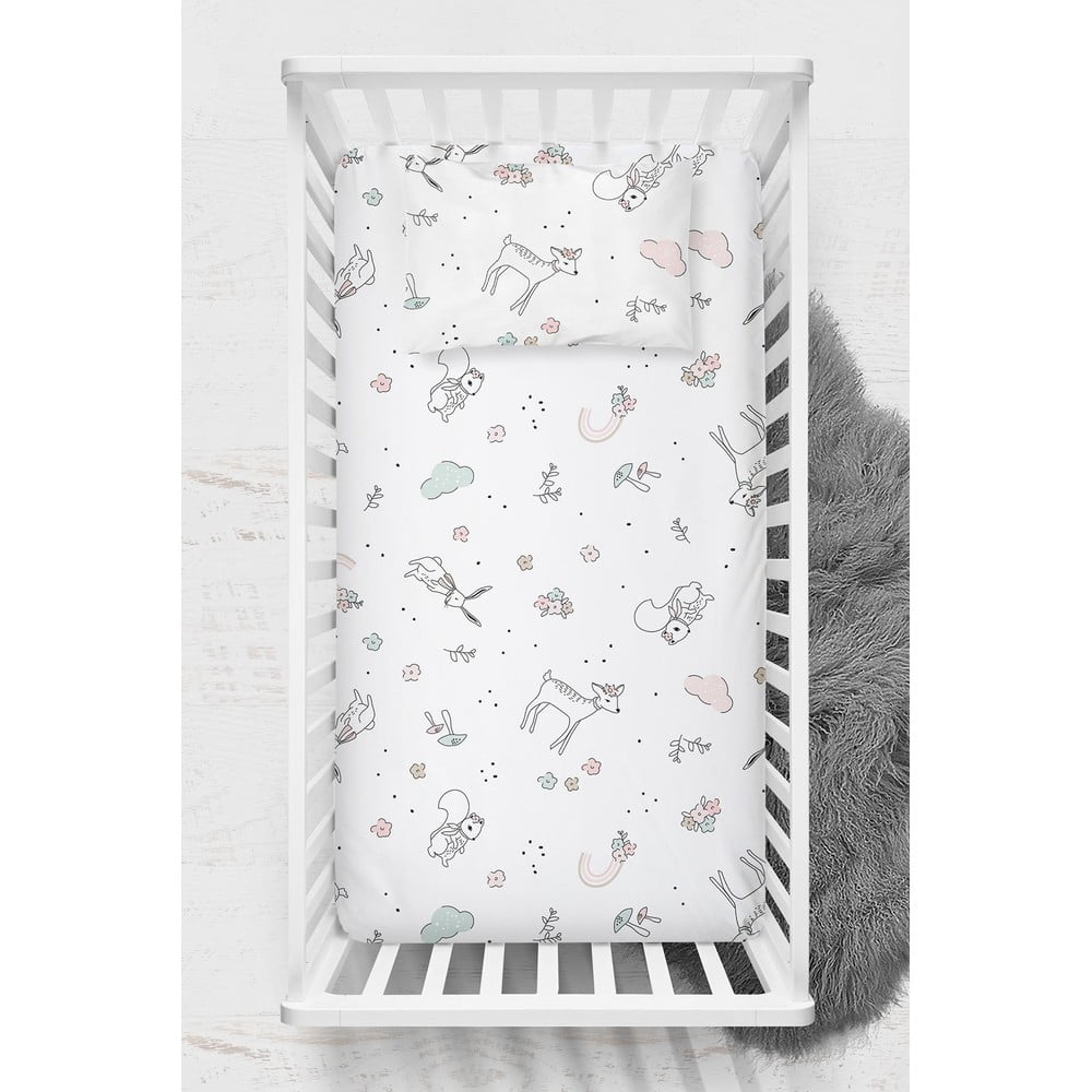 Set di lenzuolo e federa per bambini bianco in cotone renforcé per culla 100x150 cm Flowers – Mijolnir | Lenzuola per bambini