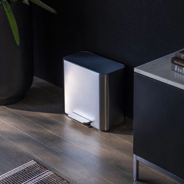 Cestino per la spazzatura color argento opaco in acciaio inox per raccolta differenziata/con pedale 15 l Dual Mini – simplehuman-image-1